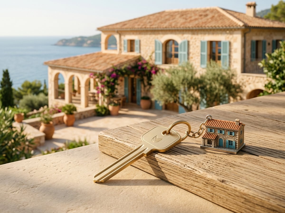 Schlüssel und mediterrane Villa — schlüsselfertige Übergabe eines fertiggestellten Zuhauses